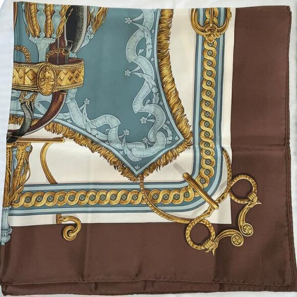 Hermes  Bride de Cour Brown, Blue, White, and Gold 100% Silk Scarf 90cm Square - Picture 9 of 16